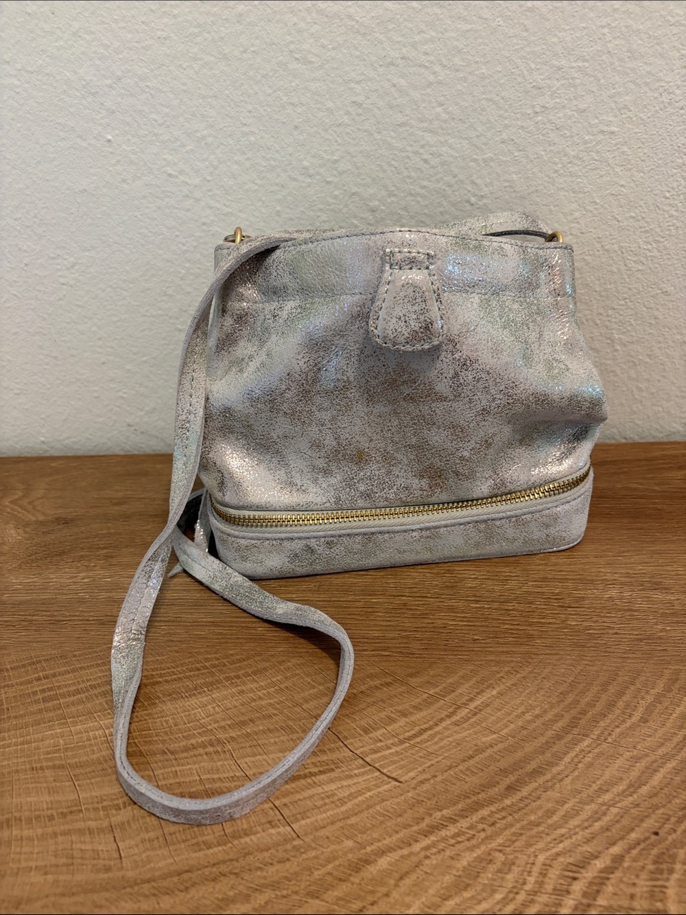 Anthropologie Miss Albright Silver Crossbody Bag with Front Zip Pocket (B5)